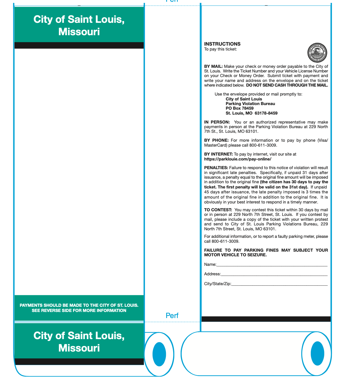 City of Saint Louis Parking Violation Bureau handheld parking ticket roll design